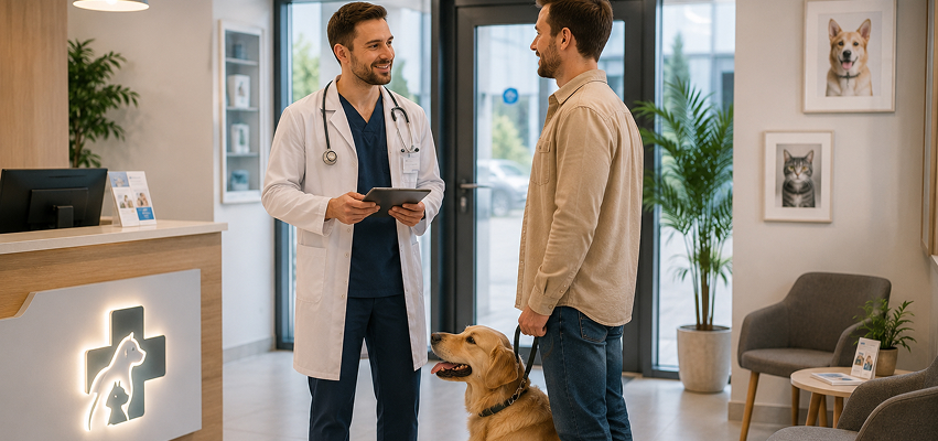 Врач HappyPet общается с владельцем собаки в клинике